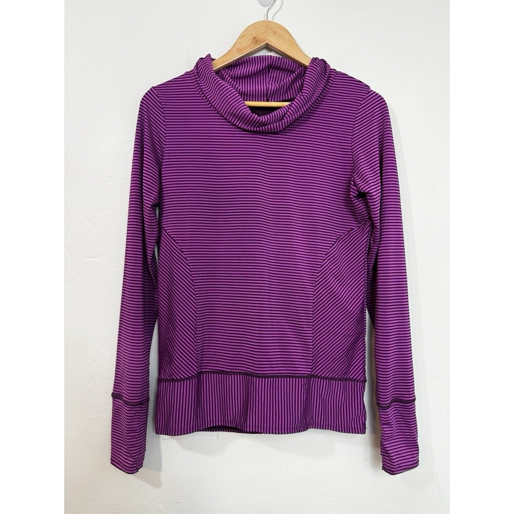 PrAna Mock Neck Sweater Women M Purple Black Striped Long Sleeve Outdoor Hiking